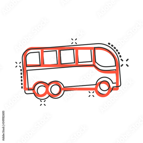 Bus icon in comic style. Coach cartoon vector illustration on white isolated background. Autobus vehicle splash effect business concept.