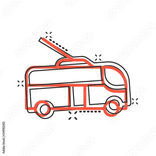 Trolleybus icon in comic style. Trolley bus cartoon vector illustration on white isolated background. Autobus vehicle splash effect business concept.