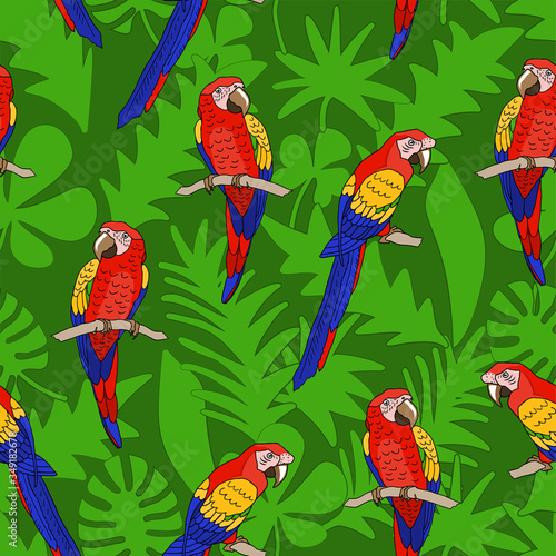 Red and blue big parrots ( macaw ), sitting on the branch on background of green leaves. Jungle seamless pattern. Vector hand drawn illustration.