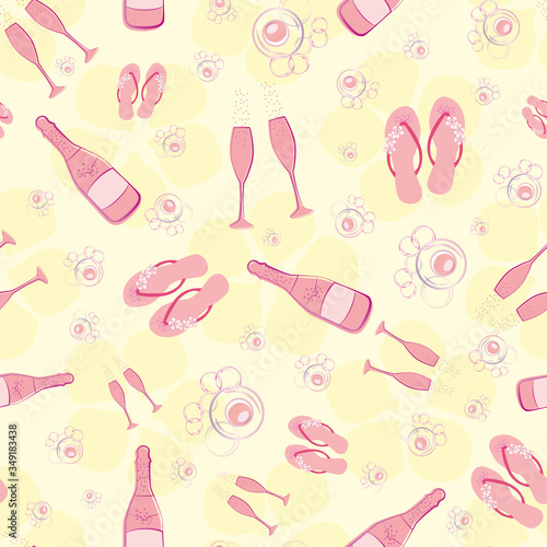 Champagne bubbles and flip flop shoe vector seamless pattern background. Hand drawn bottles, sparkling wine, sandals pink yellow gold backdrop. All over print for beach, hen party, celebration concept