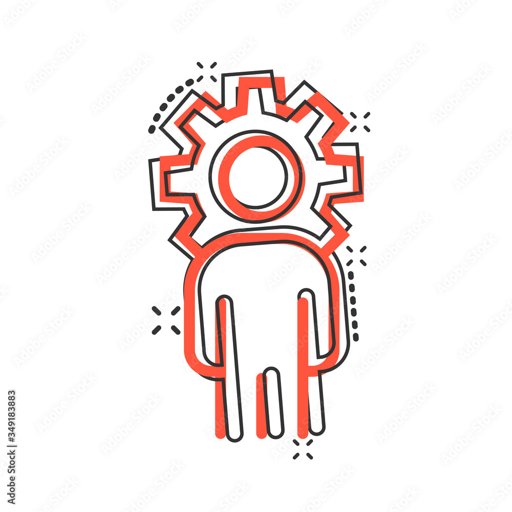 People with gear icon in comic style. Person cogwheel cartoon vector illustration on white isolated background. Teamwork splash effect business concept. People with gear icon in comic style. Person cogwheel cartoon vector illustration on white isolated background. Teamwork splash effect business concept.
