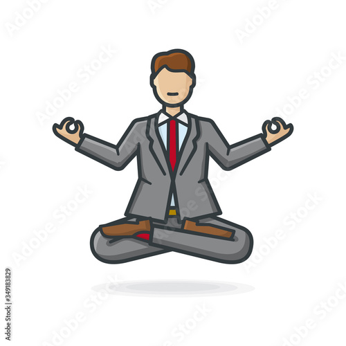 Businessman cartoon character levitating practicing meditation isolated vector illustration for Meditation Day on May 31st. Relaxation concept.