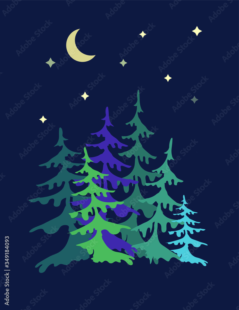 Obraz premium Night wood pine trees and spruce under the moon and stars. Vector Illustration.