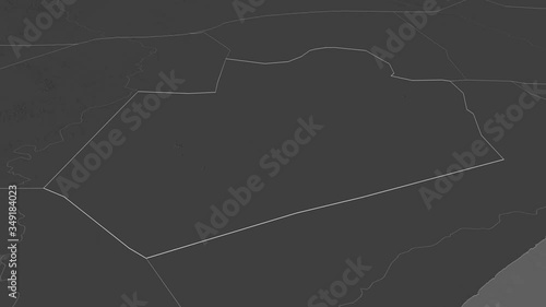 Bay, region with its capital, zoomed and extruded on the bilevel map of Somalia in the conformal Stereographic projection. Animation 3D photo