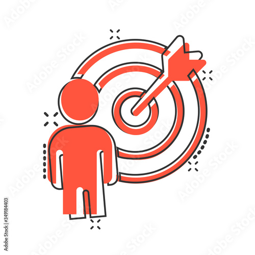People target icon in comic style. Search human cartoon vector illustration on white isolated background. Job recruitment splash effect business concept.
