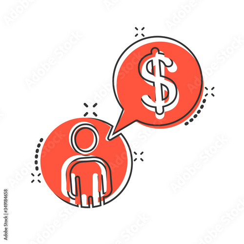 People with money icon in comic style. Investor cartoon vector illustration on white isolated background. Businessman splash effect business concept.