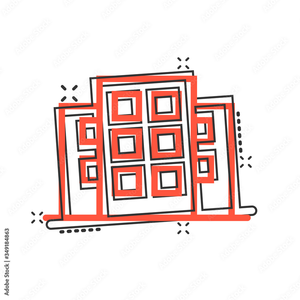 Building icon in comic style. Town skyscraper apartment cartoon vector illustration on white isolated background. City tower splash effect business concept. Building icon in comic style. Town skyscraper apartment cartoon vector illustration on white isolated background. City tower splash effect business concept.