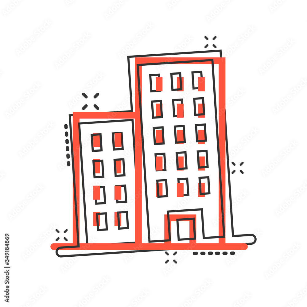 Building icon in comic style. Town skyscraper apartment cartoon vector illustration on white isolated background. City tower splash effect business concept.