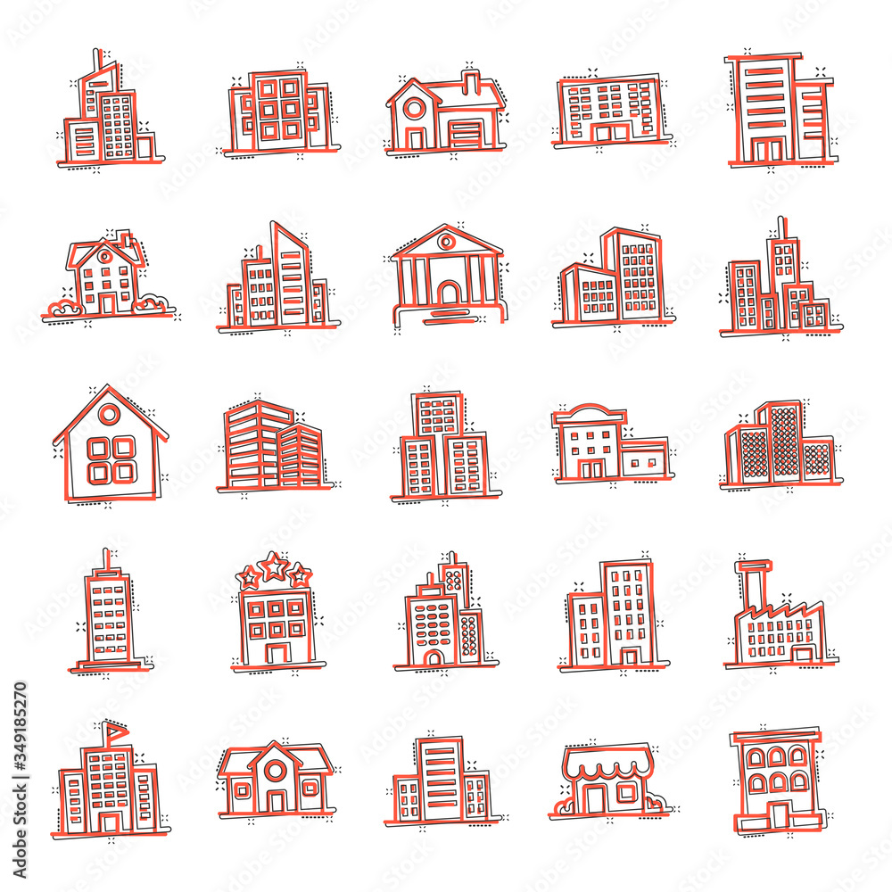 Building icon set in comic style. Town skyscraper apartment cartoon vector illustration on white isolated background. City tower splash effect business concept.