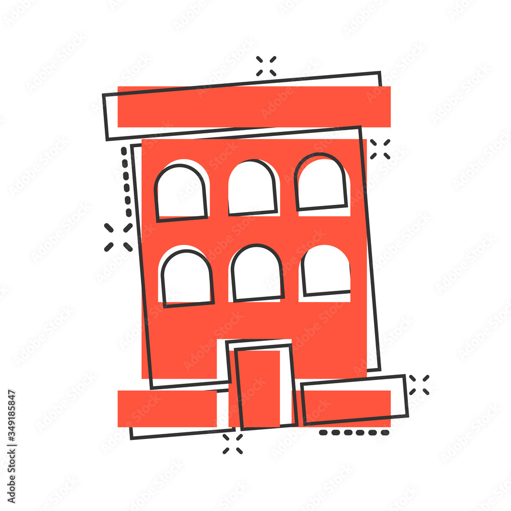 Building icon in comic style. Town skyscraper apartment cartoon vector illustration on white isolated background. City tower splash effect business concept. Building icon in comic style. Town skyscraper apartment cartoon vector illustration on white isolated background. City tower splash effect business concept.