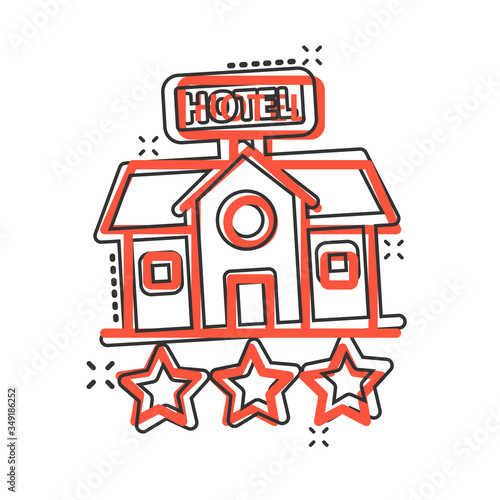 Hotel 3 stars sign icon in comic style. Inn building cartoon vector illustration on white isolated background. Hostel room splash effect business concept.