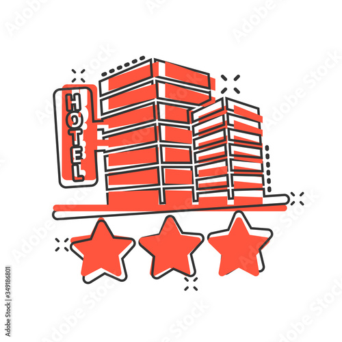 Hotel 3 stars sign icon in comic style. Inn building cartoon vector illustration on white isolated background. Hostel room splash effect business concept.
