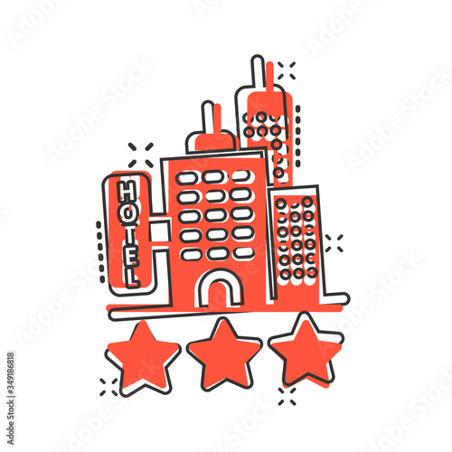 Hotel 3 stars sign icon in comic style. Inn building cartoon vector illustration on white isolated background. Hostel room splash effect business concept.