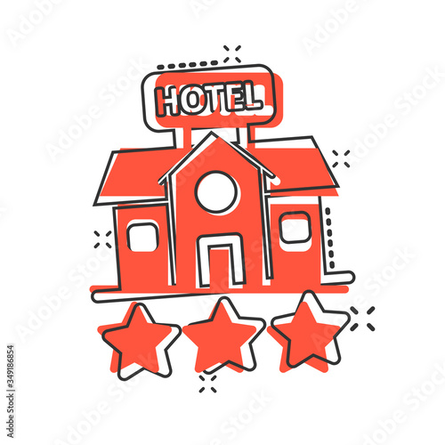 Hotel 3 stars sign icon in comic style. Inn building cartoon vector illustration on white isolated background. Hostel room splash effect business concept.
