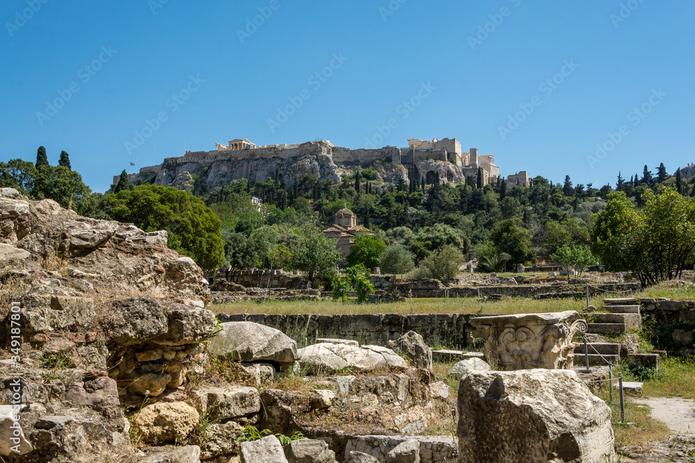 Panoramic view of Agora with Acropolis in the background, Athens, Greece