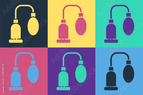 Pop art Penis pump icon isolated on color background. Penis enlarger. Sex toy for men. Vacuum pump with a blower to increase the penis. Vector