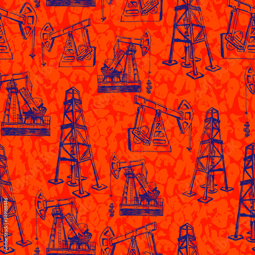 derrick and pump jack. oil industry. seamless hand drawn sketches.