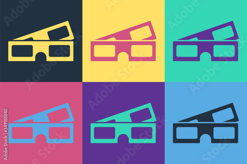 Pop art 3D cinema glasses icon isolated on color background. Vector