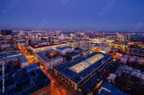 Night Voronezh downtown skyline, aerial view from rooftop