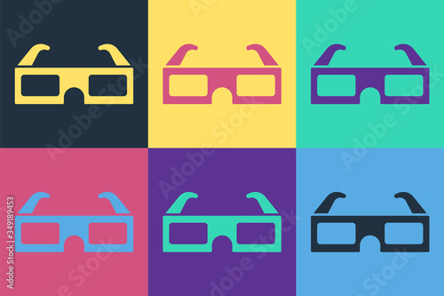 Pop art 3D cinema glasses icon isolated on color background. Vector