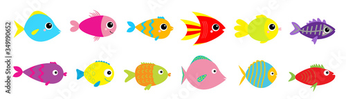 Fish icon set line. Cute cartoon kawaii colorful aquarium animals. Baby kids collection. Isolated. White background. Flat design
