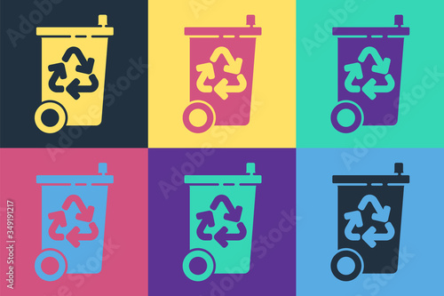 Pop art Recycle bin with recycle symbol icon isolated on color background. Trash can icon. Garbage bin sign. Recycle basket sign. Vector