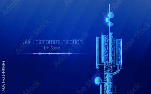 3d base station receiver. telecommunication tower 5g triangle ,design global connection information transmitter. Mobile radio antenna cellular vector illustration, plexus,high speed,sound wave