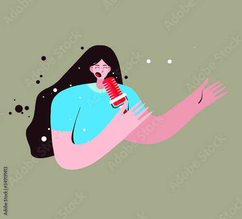 Podcast concept illustration. Female podcaster talking to microphone recording podcast in studio. Podcast in studio flat vector illustration. Concept of internet online radio