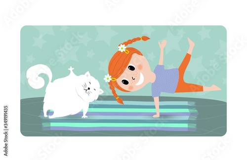 Illustration of cute little girl and cat doing yoga, cartoon design. Hand drawn vector illustration