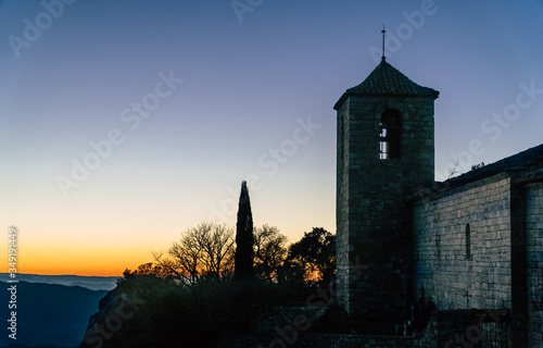 Siurana, Catalonia / Spain. Silhouette of St Mary's Church at dusk
