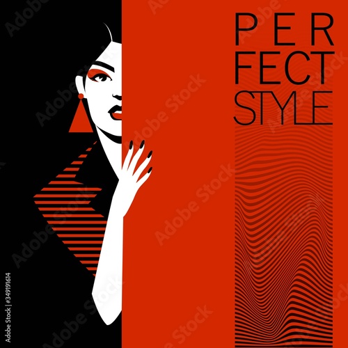 Fashionable woman hiding behind the wall, perfect style poster. Vector illustration.
