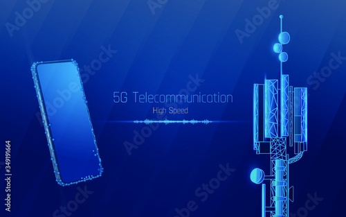 3d base station receiver. telecommunication tower 5g and mobile phone ,design global connection information transmitter. Mobile radio antenna cellular vector illustration, plexus,high speed,sound wave