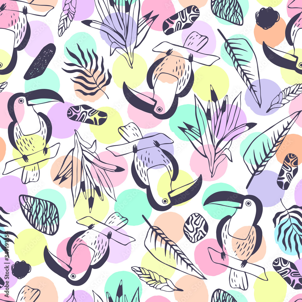 Tropical seamless pattern with toucans. Vector background.
