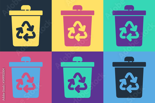 Pop art Recycle bin with recycle symbol icon isolated on color background. Trash can icon. Garbage bin sign. Recycle basket sign. Vector
