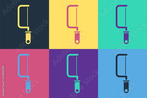 Pop art Hacksaw icon isolated on color background. Metal saw for wood and metal. Vector