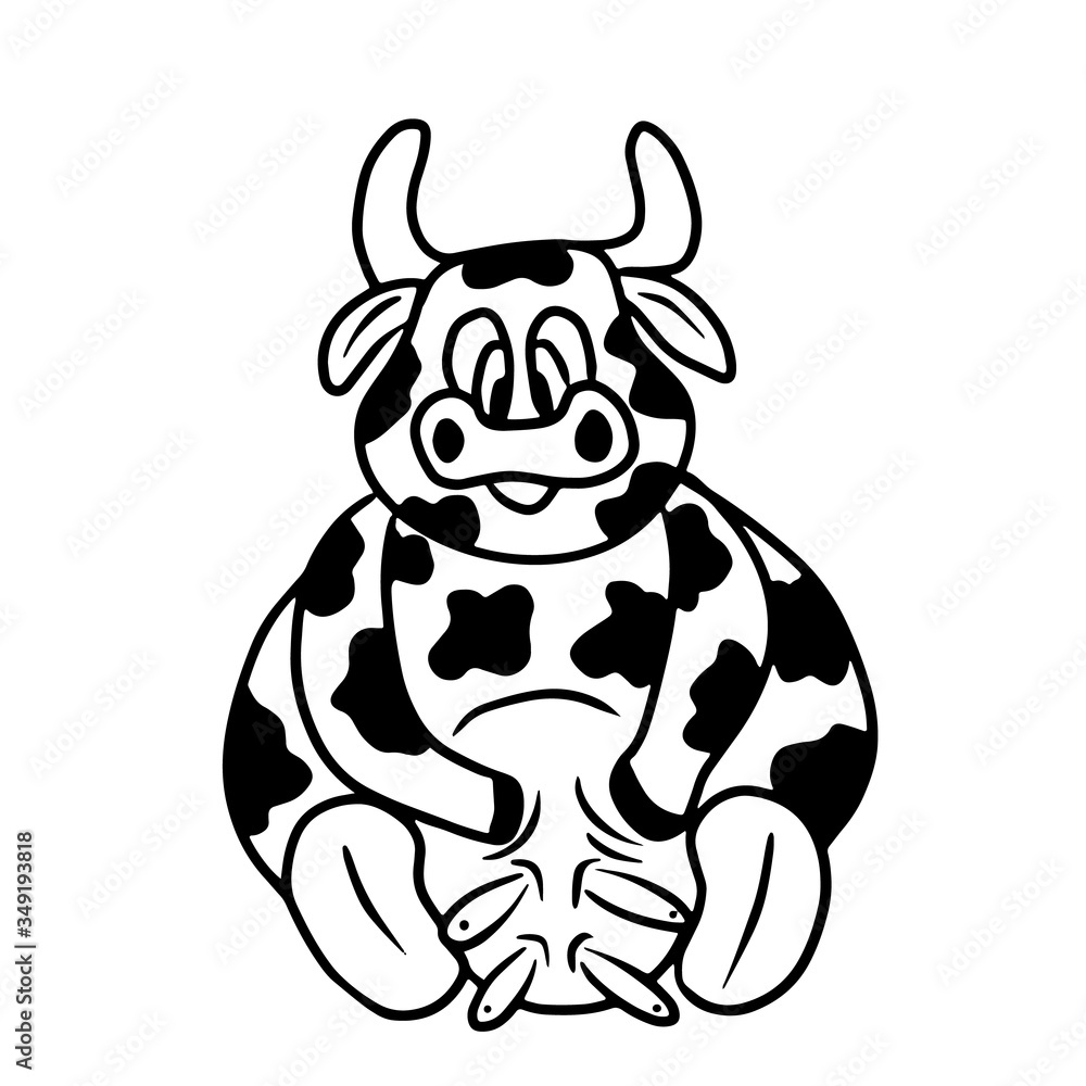 Fototapeta premium Cute white cow with black stains sitting with udder. Simple vector outline illustration in cartoon doodle style. Concept of farming, milking, dairy products logo, agriculture, animal character.