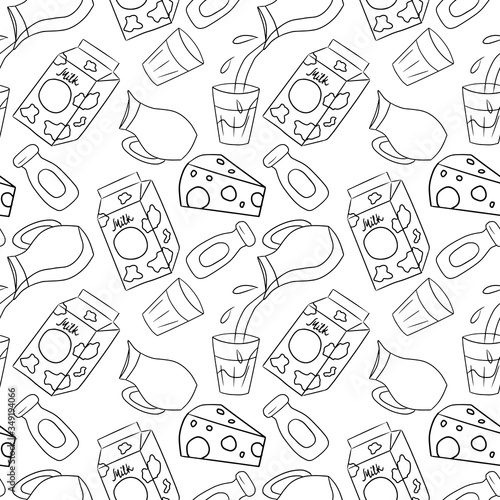 Seamless pattern with dairy products. Simple vector outline illustrations in cartoon doodle style. Carton packet of milk, kefir, yoghurt, glass pouring. Concept of market, farm, production.