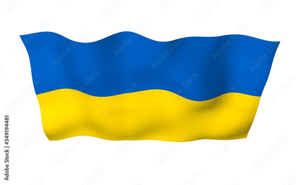 The flag of Ukraine on a white background. National flag and state ensign. Blue and yellow bicolour. 3D illustration waving flag The flag of Ukraine on a white background. National flag and state ensign. Blue and yellow bicolour. 3D illustration waving flag