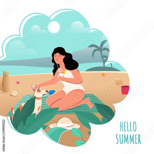 Vector illustration of a young girl on beach, evening background.