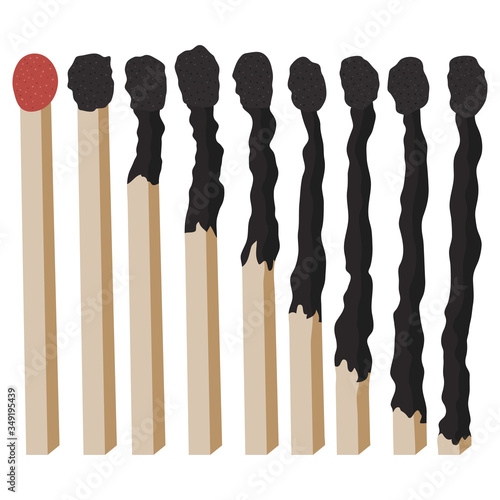 Burned matches row in flat style. Business concept. Isolated vector illustration.