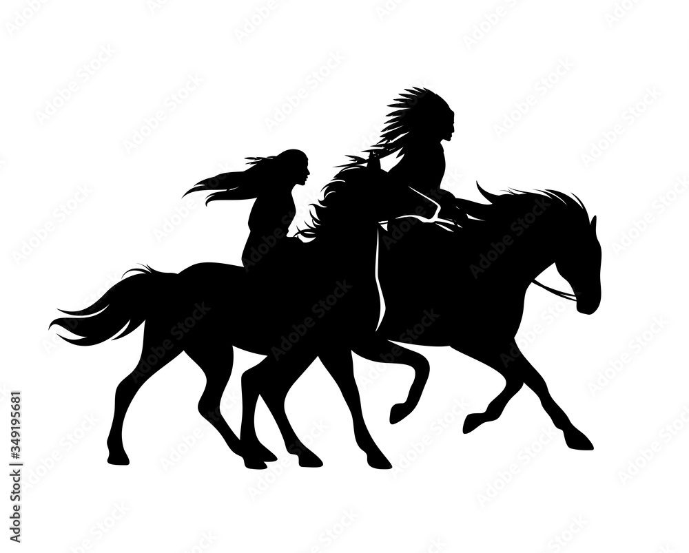 north american indians riding horses - black and white vector ...