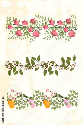 Seamless vector floral border. Seet pea flower, pink flowers bunch, cotton branch, green leaves. Design for paper, textile, greeting card, fabric.