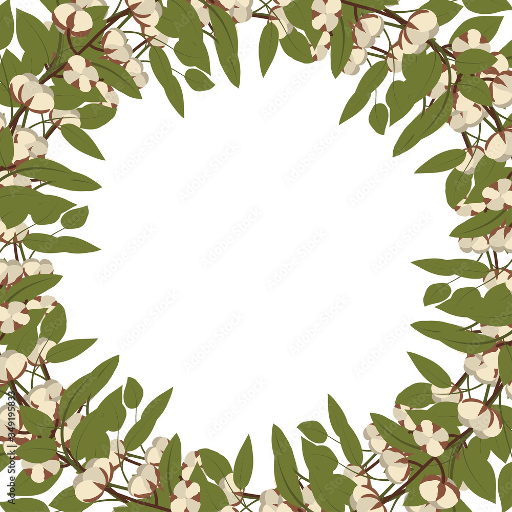 Fototapeta premium Cotton plant and green leaf frame. Vector template for invitation, greeting card.