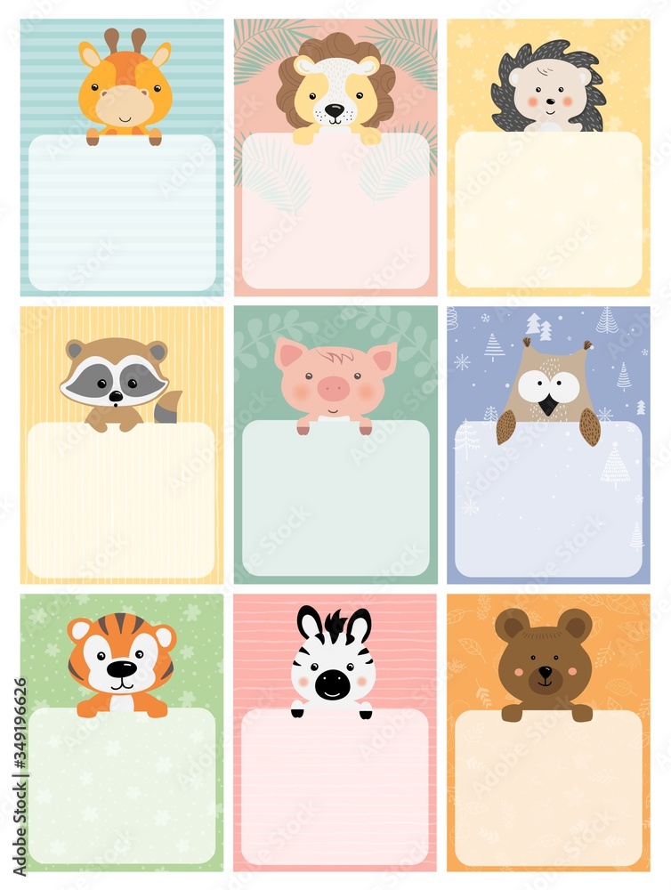 Set up planners and cute postcards with animals. Hand-drawn vector illustration. For printing. Stationery.