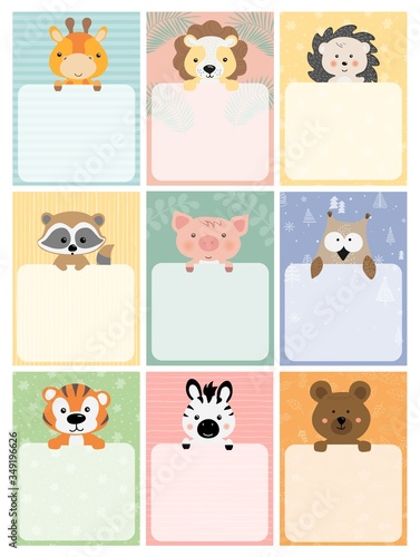 Set up planners and cute postcards with animals. Hand-drawn vector illustration. For printing. Stationery.