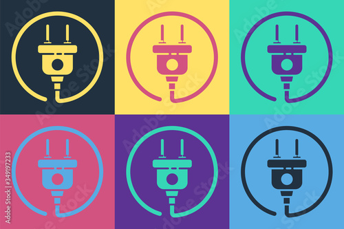 Pop art Electric plug icon isolated on color background. Concept of connection and disconnection of the electricity. Vector