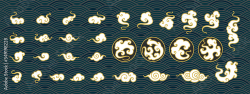 Chinese clouds collection. Oriental style and cloud in circle Shape symbol and various shape vector set isolated on Chinese waves seamless background.
