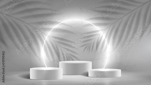 Abstract neon banner with podiums. 3d pedestals with white neon circle. Abstract background for promotion goods. Vector illustration with blank space and tropical leaves' shadows. Mockup template.