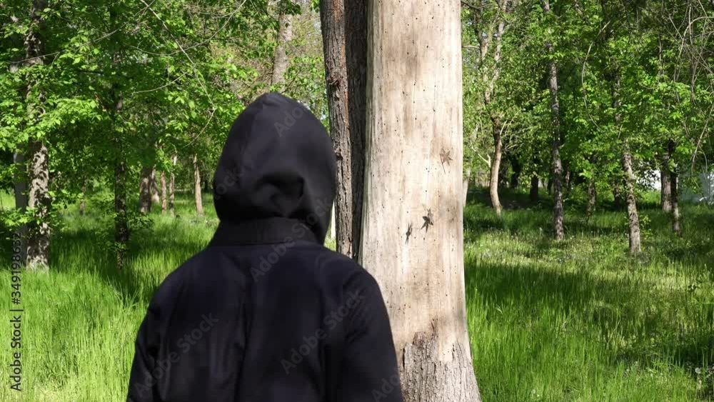 Ninja throws throwing stars shurikens into a tree. A ninja is training to throw a shuriken. Ninja throws throwing stars shurikens into a tree. A ninja is training to throw a shuriken.