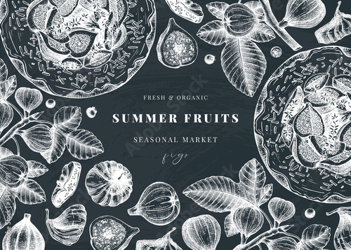 Vector design with hand-drawn figs sketches on chalkboard. Vintage frame with  botanical illustration of fig branch, fresh and dries fruit, baking cake. 